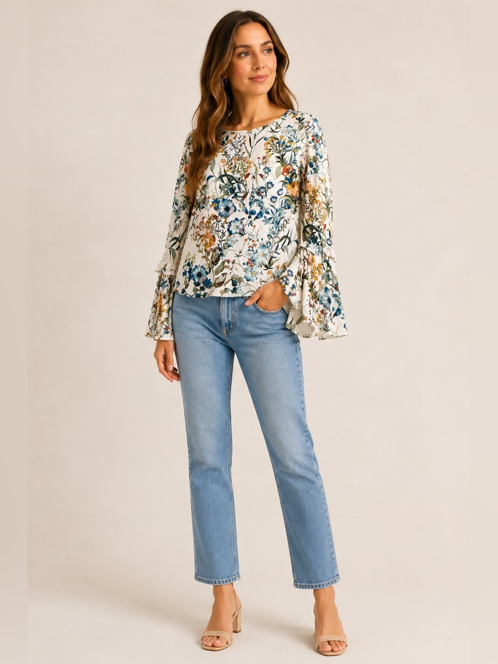 Karen Kane Floral Bell Sleeve Blouse Medium White Blue Botanical Boho